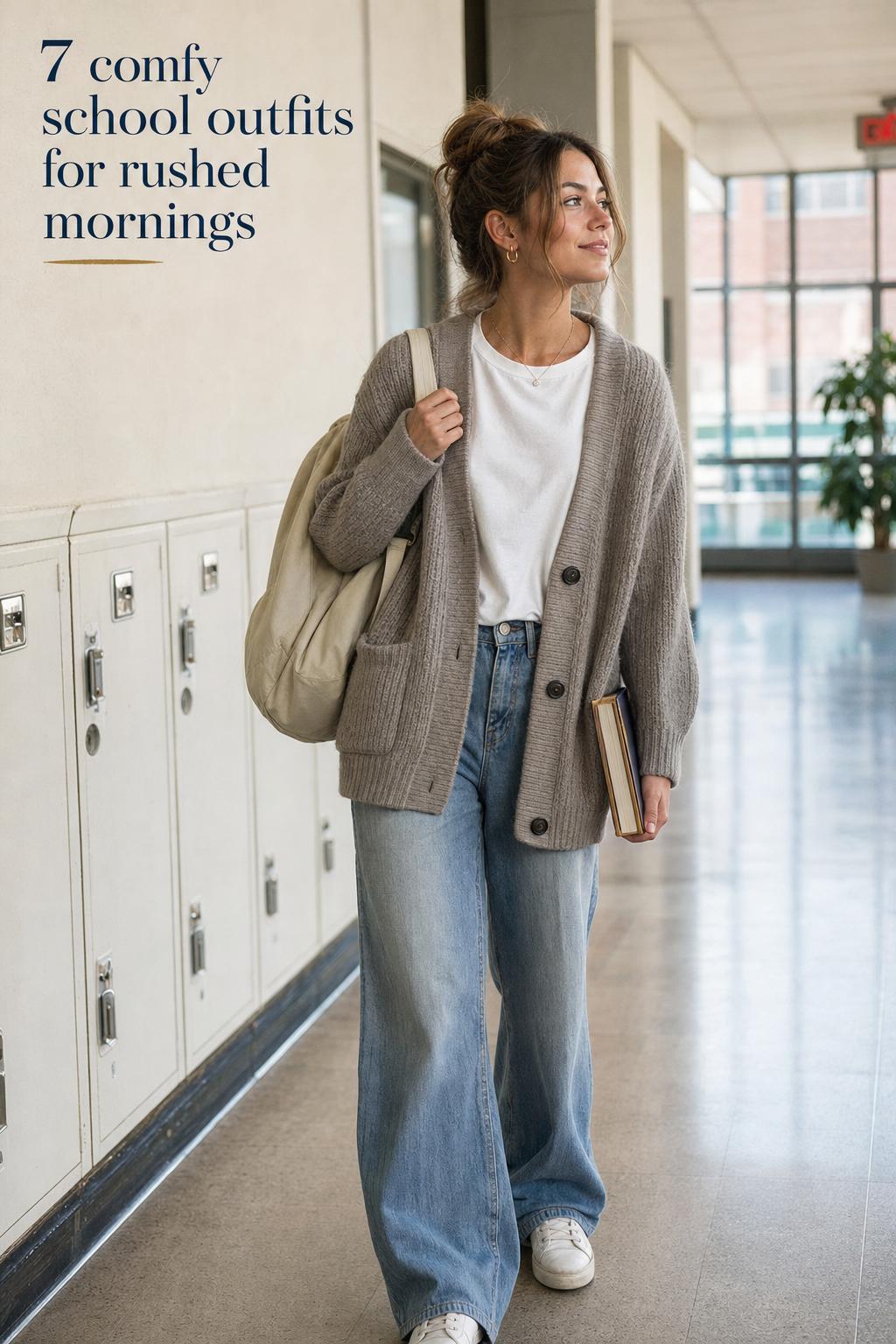Comfy school outfits on an adult woman walking past lockers in a bright hallway, wearing a cardigan, jeans, and sneakers