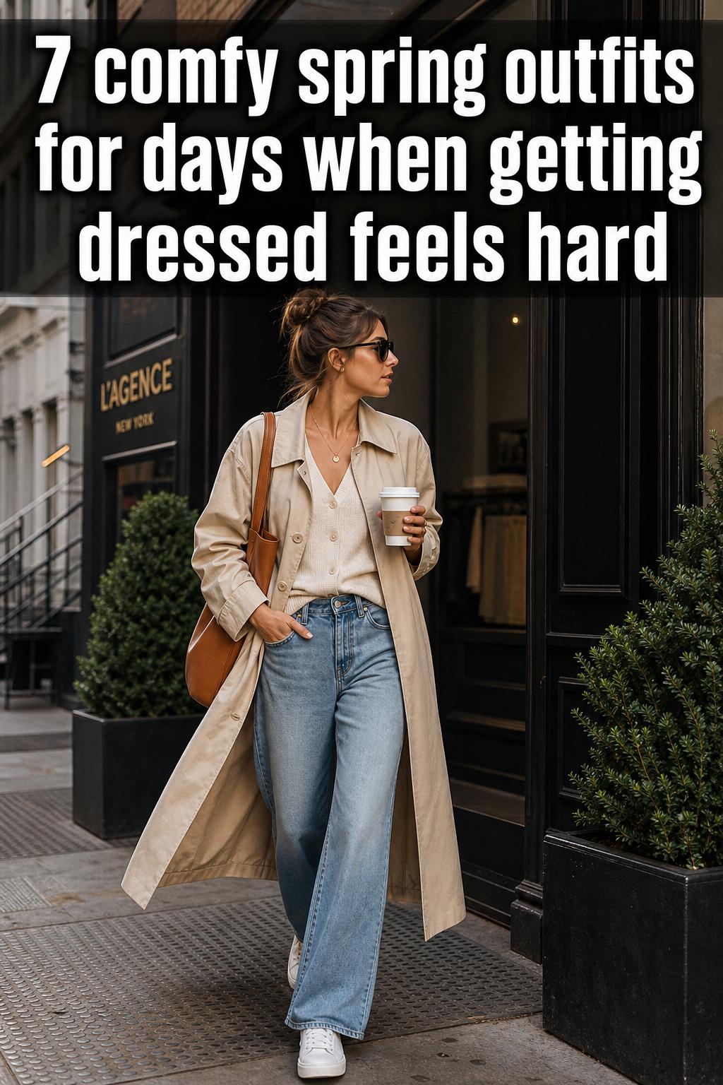 Comfy spring outfits styled with a light cardigan, jeans, and sneakers for an effortless everyday look