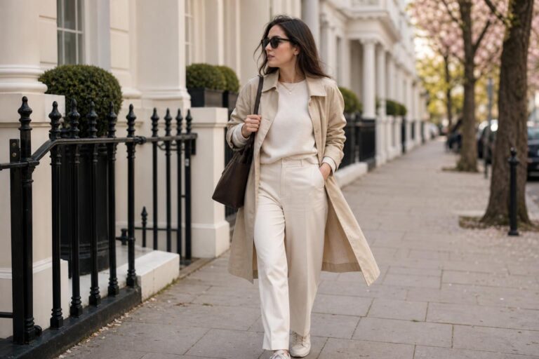 Comfy spring outfits with a light cardigan, white tee, straight-leg jeans, and clean sneakers on a city sidewalk