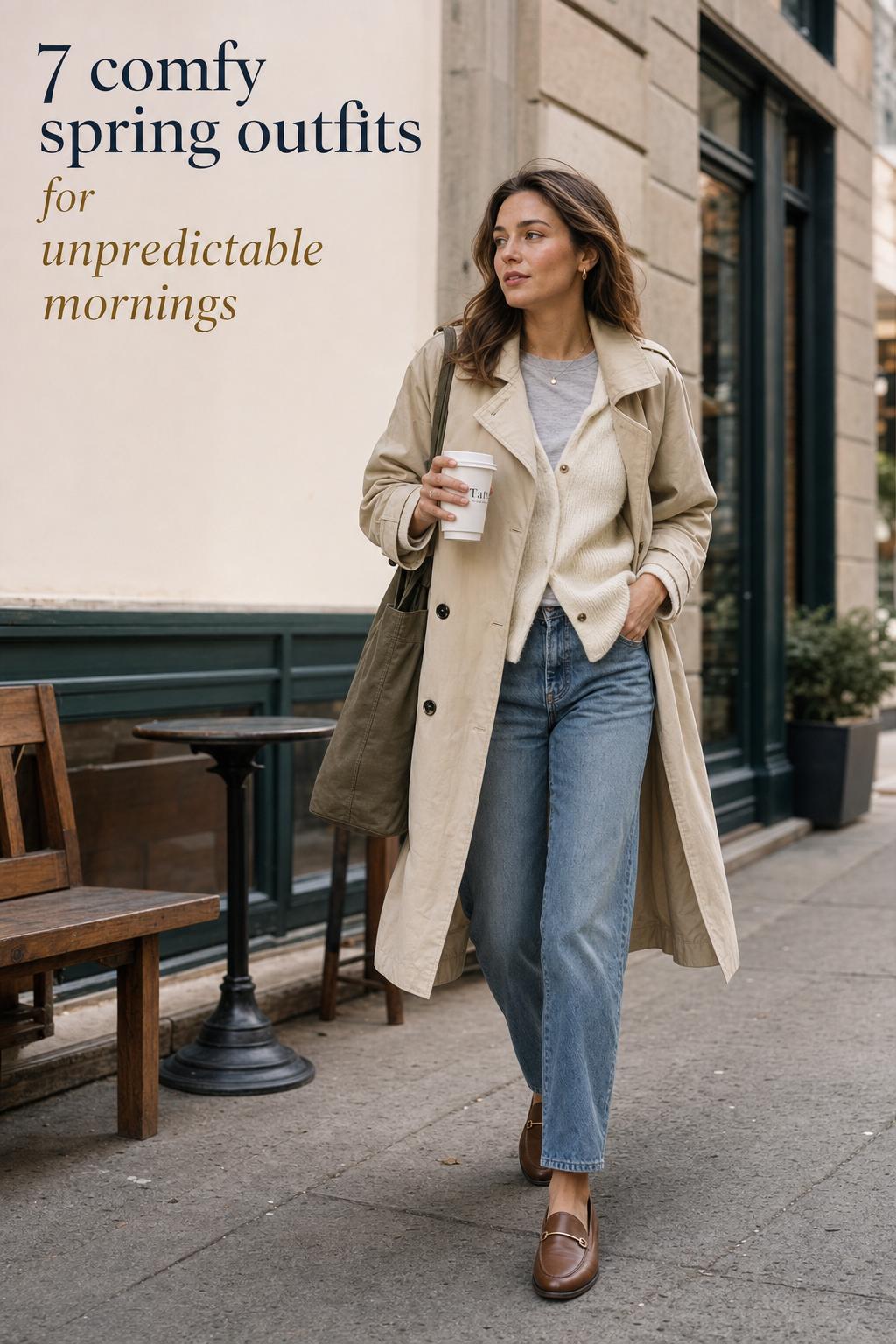 Comfy spring outfits street style: woman in cream knit and beige trench outside a city coffee shop, relaxed morning