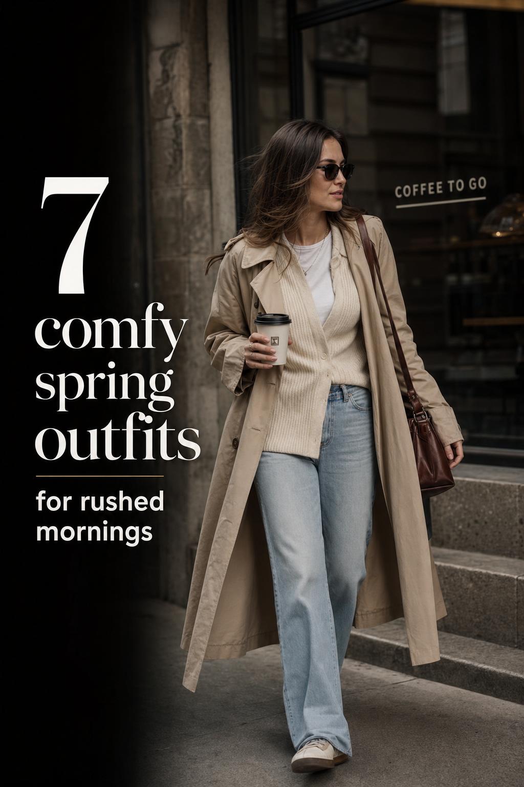 Woman in trench coat and cream knit on a city coffee run, comfy spring outfits with neutral layers and sneakers