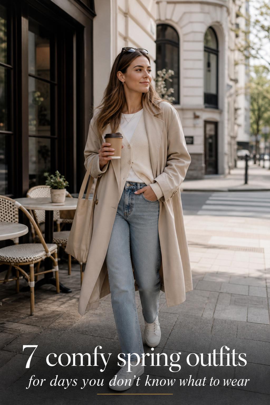 Comfy spring outfits street style: woman in cream knit, beige trench and denim with sneakers on a city coffee run