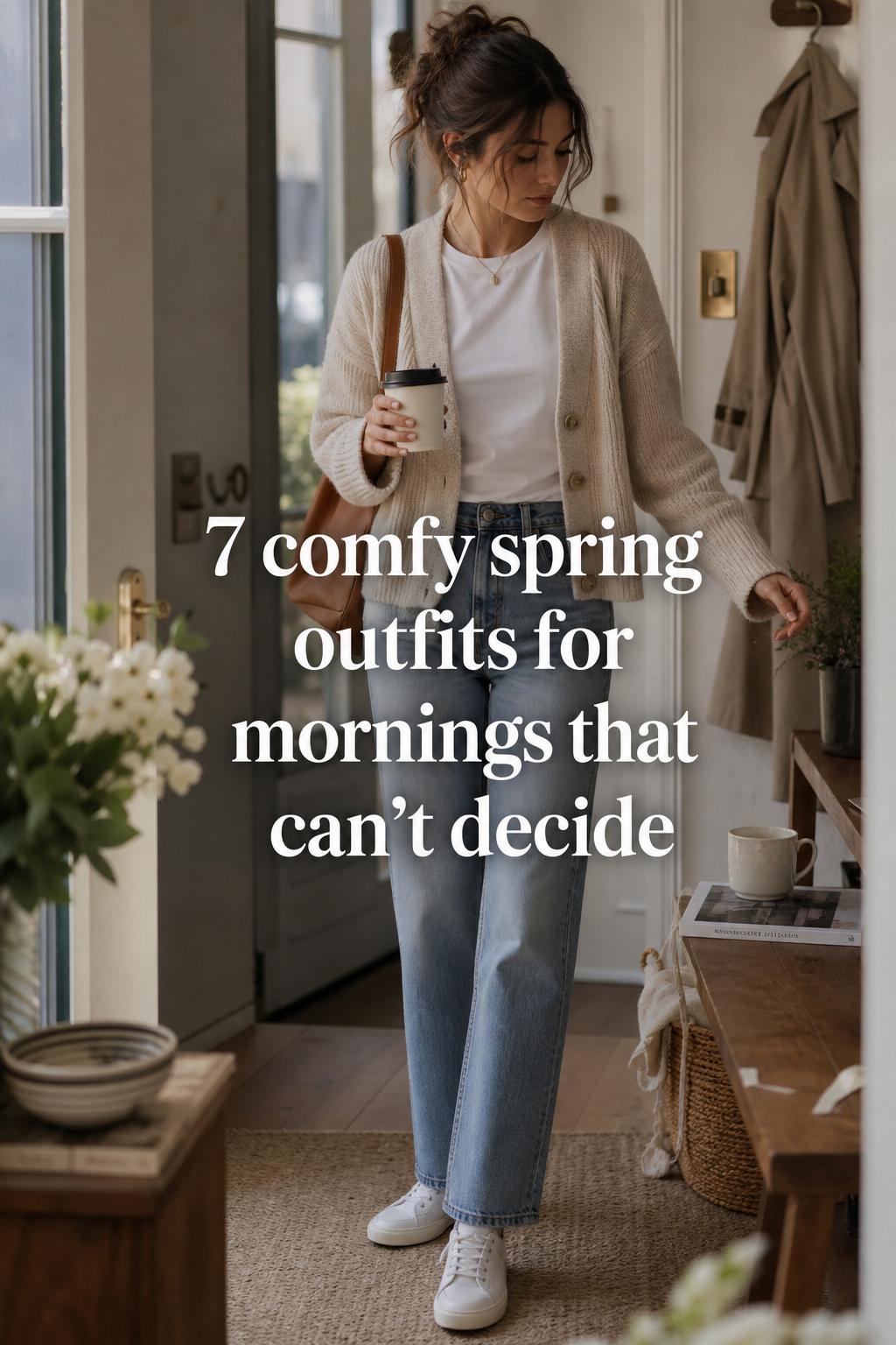 Comfy spring outfits in warm morning light with an adult woman in neutral layers holding coffee by an apartment entryway