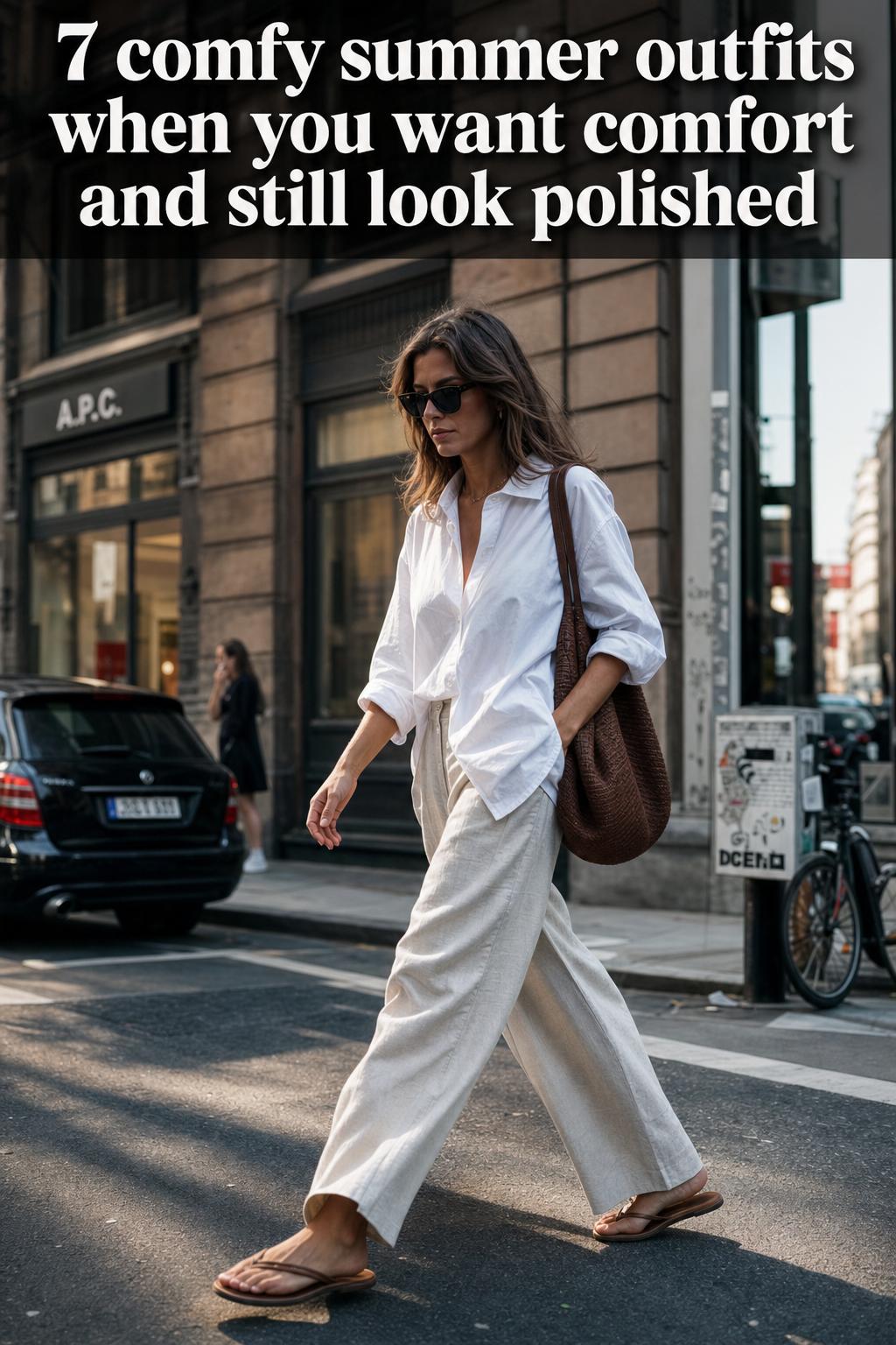 Comfy summer outfits laid out on a bed with a linen dress, sandals, sunglasses, and a straw bag