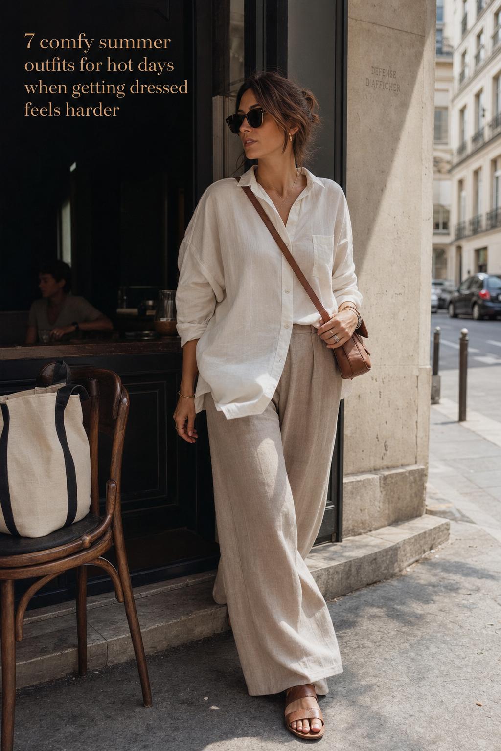 Woman stepping out of a cafe wearing comfy summer outfits with ivory poplin shirt, taupe linen trousers, and sandals