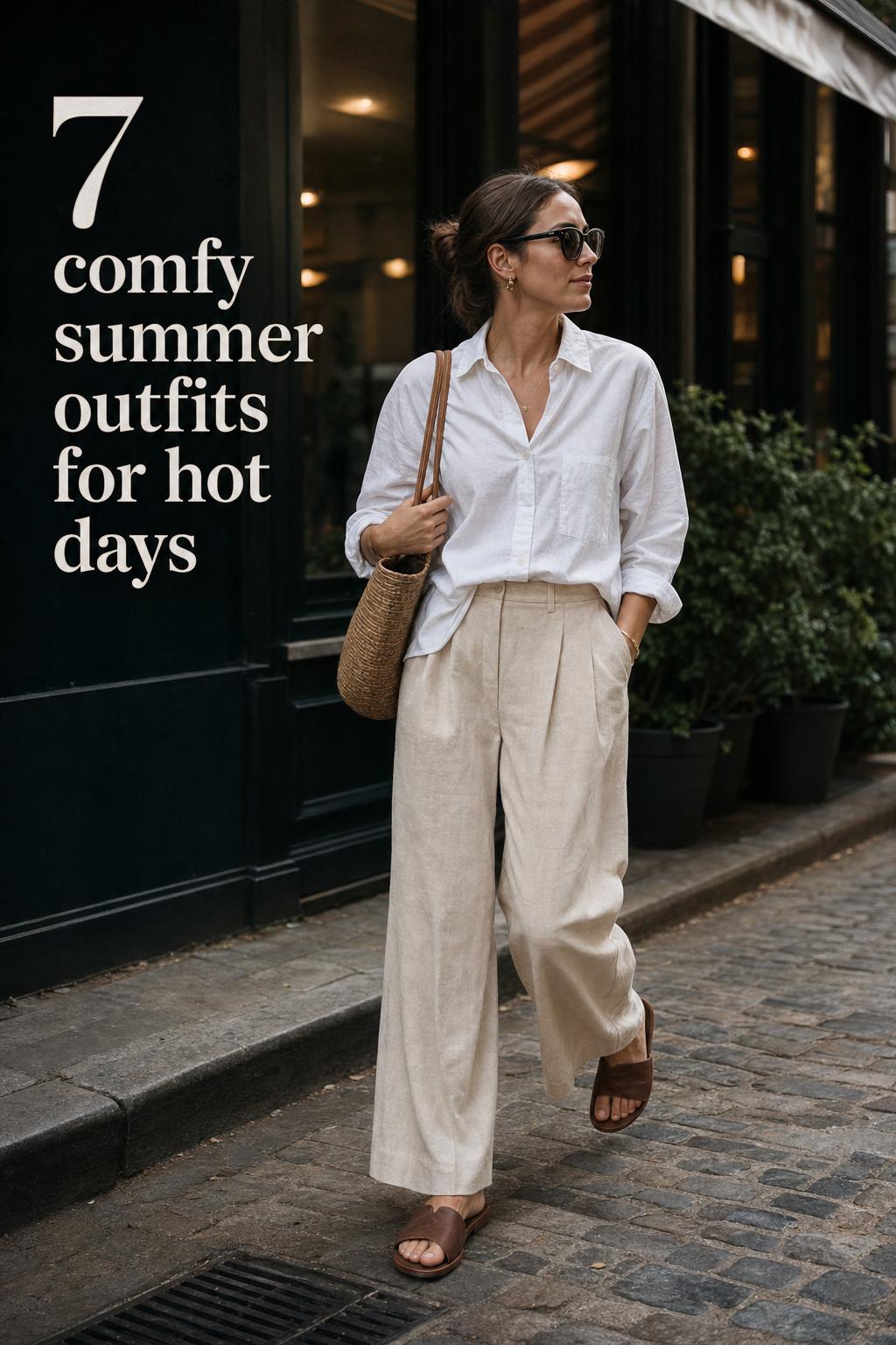 Adult woman walking downtown in linen shirt and culottes, showcasing comfy summer outfits in warm golden-hour light