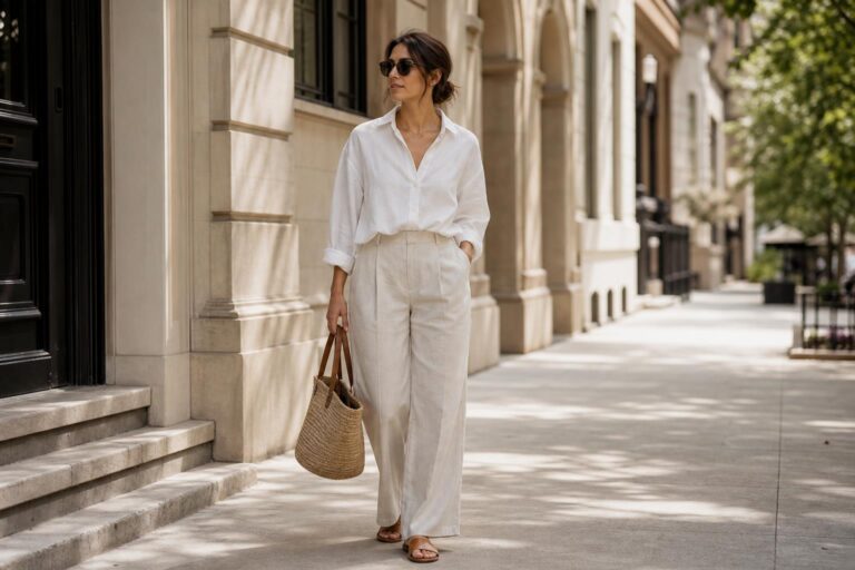 Comfy summer outfits with a linen shirt, wide-leg pants, and sandals on a sunny city street