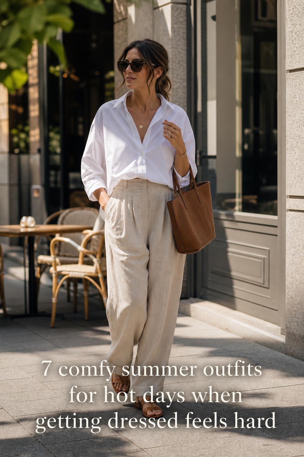 Comfy summer outfits street style: woman in white poplin shirt and beige linen trousers walking in a sunny city