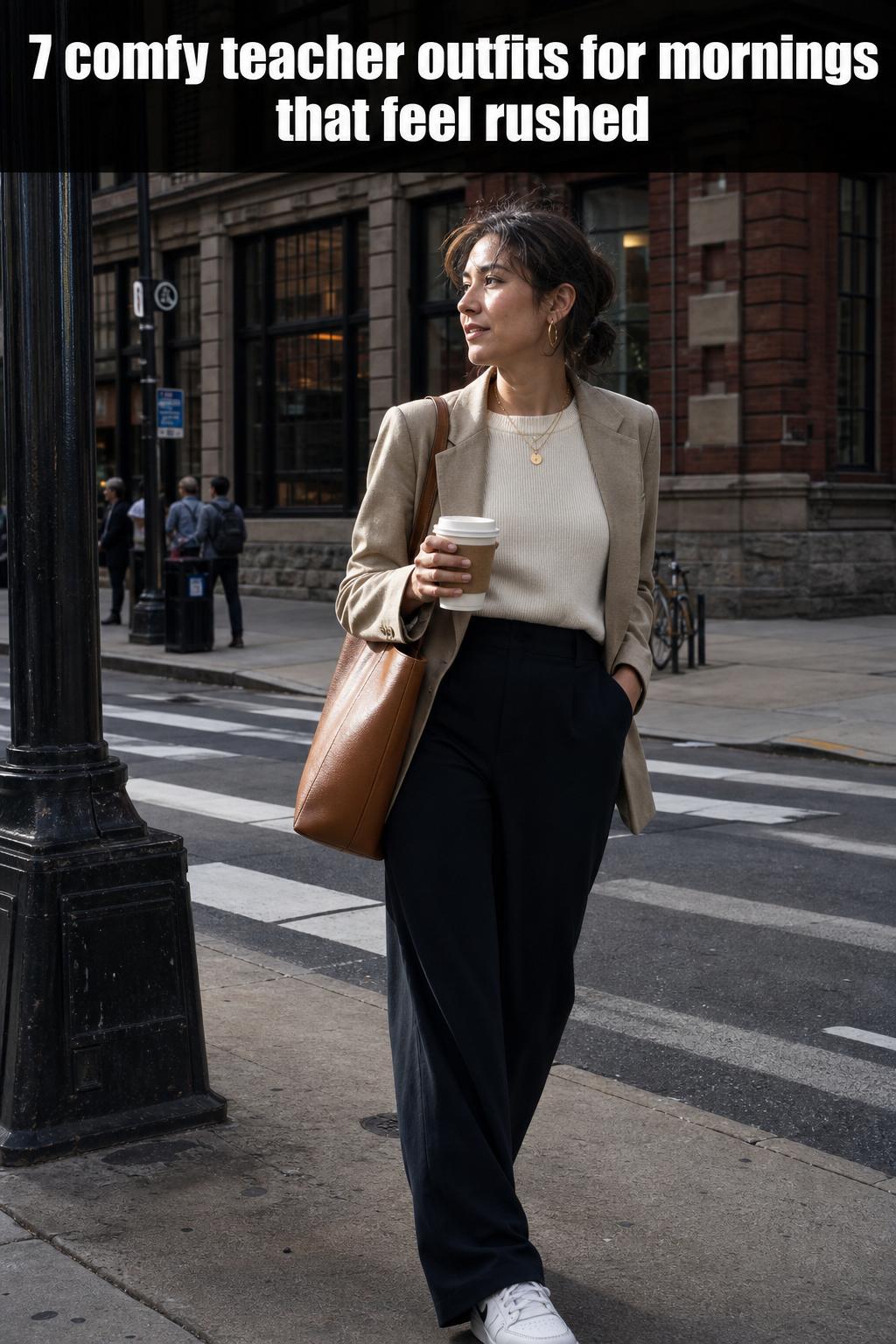 Comfy teacher outfits with a cozy cardigan, blouse, and ankle boots in a bright classroom setting