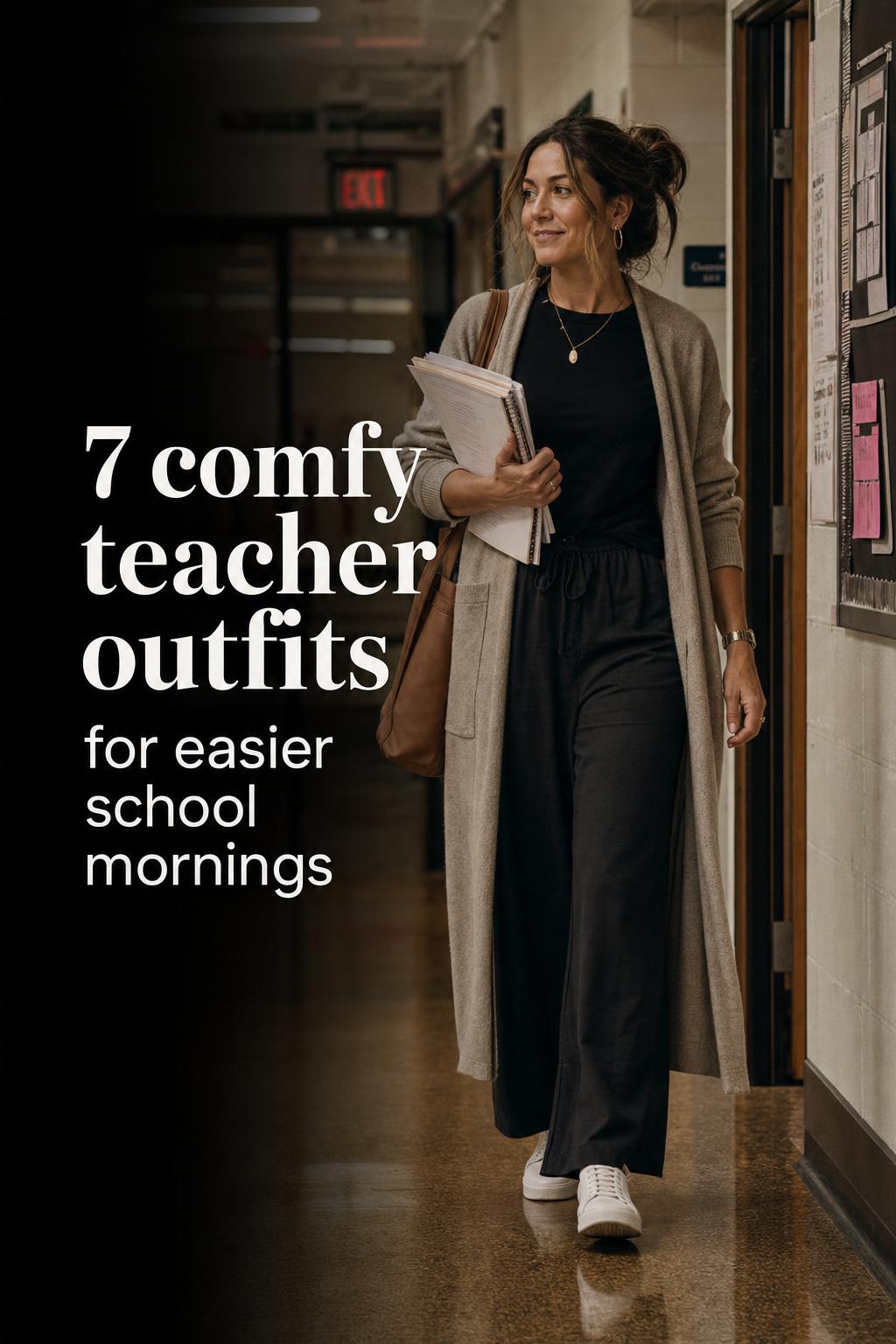 Comfy teacher outfits in a moody classroom: adult woman in knit dress and blazer with tote, editorial style