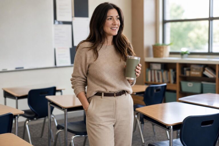 Comfy teacher outfits featuring a knit dress, cardigan, and sneakers in a bright classroom setting