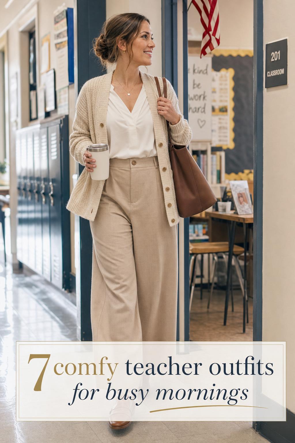 Comfy teacher outfits in a bright school hallway, woman in cardigan and wide-leg trousers walking with a notebook