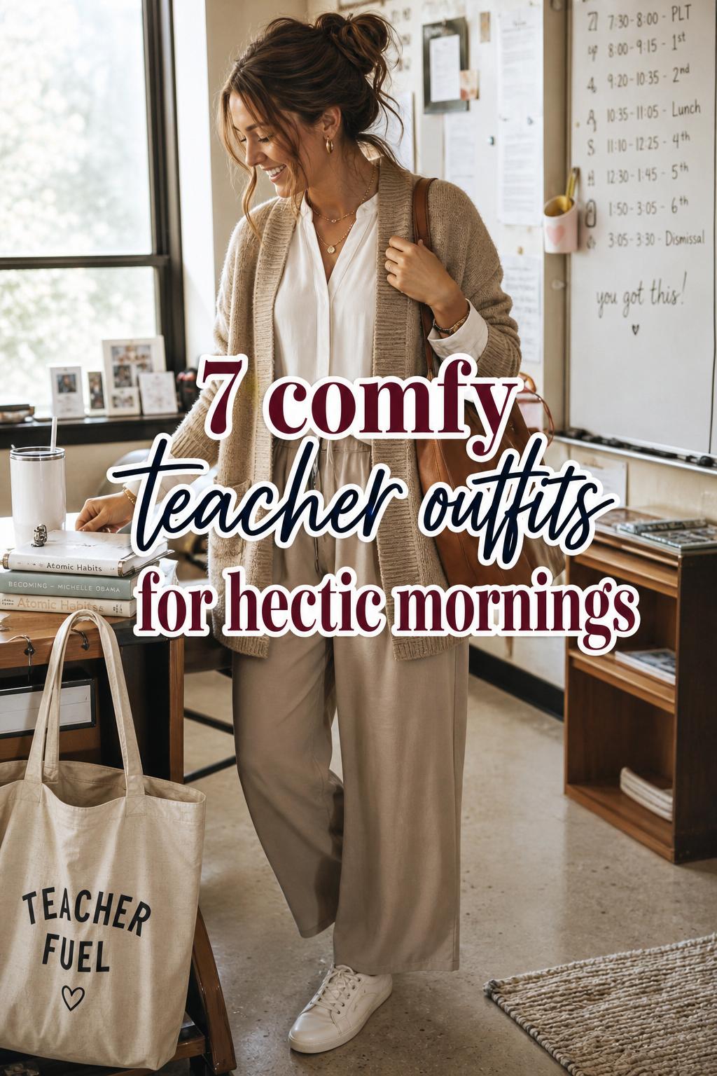 Comfy teacher outfits in a sunlit classroom, candid teacher adjusting cardigan beside desk with books and planner