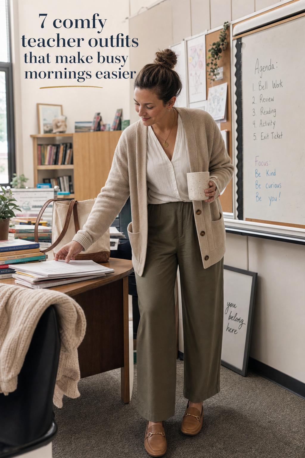 comfy teacher outfits in a sunlit classroom, woman teacher in wide-leg trousers, blouse, cardigan and loafers by a desk