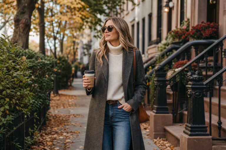 Cozy autumn outfits with a cream knit sweater, straight-leg jeans, ankle boots, and a wool coat on a crisp fall day