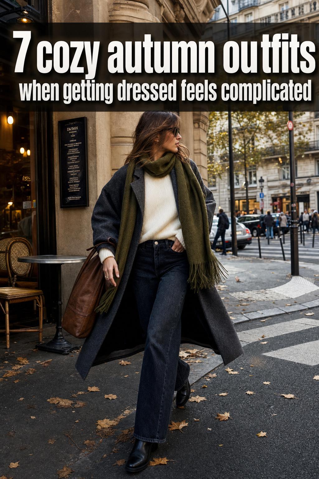 Cozy autumn outfits with layered sweater, scarf, and boots on a leafy street, warm seasonal style