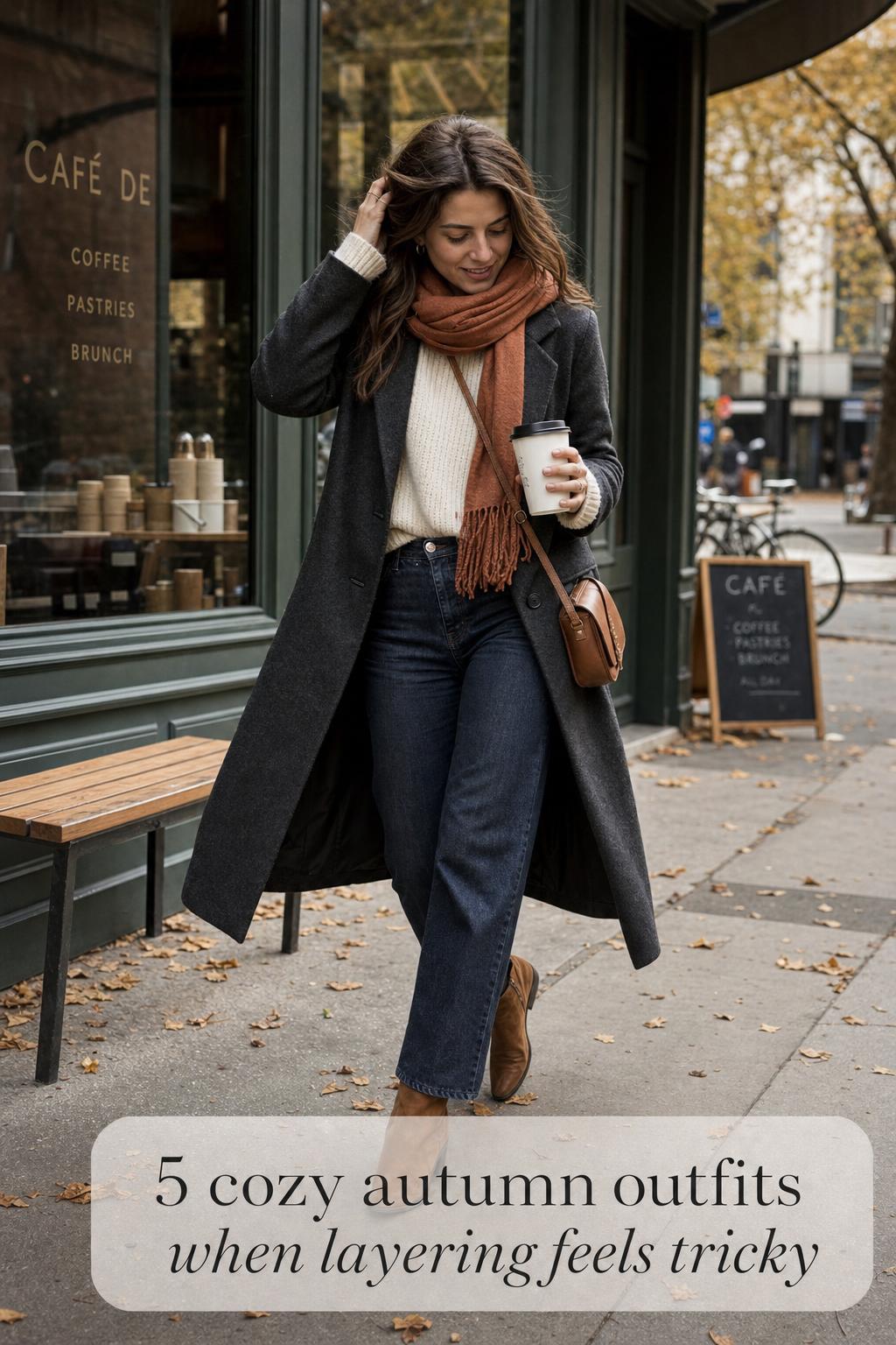 Woman mid-step outside a corner café in layered cozy autumn outfits, adjusting rust scarf and holding takeaway coffee