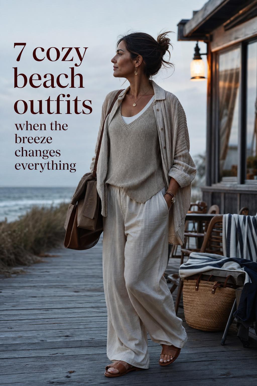 Cozy beach outfits on a breezy boardwalk at blue-hour sunset, woman in oatmeal knit and linen pants with editorial text overlay