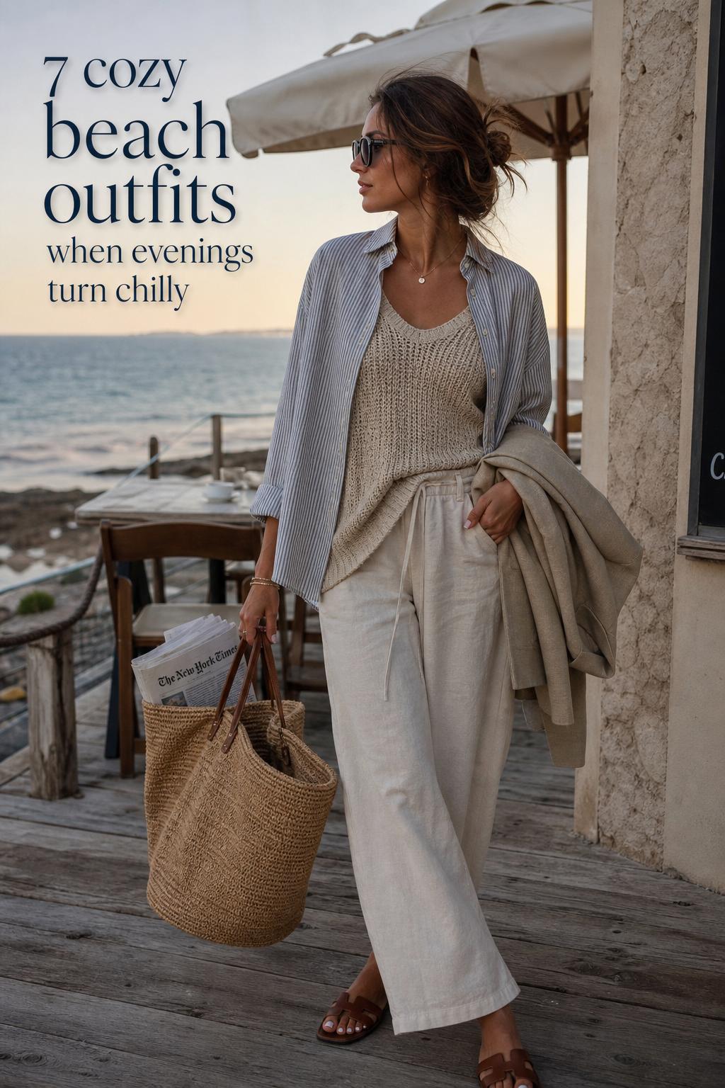 Woman in layered coastal look on a dusk boardwalk, showcasing cozy beach outfits with knit, ivory pants, and sandals.
