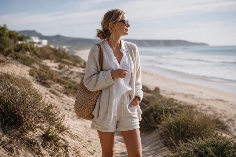 Cozy beach outfits with a lightweight knit, relaxed trousers, and sandals on a breezy coastal boardwalk at sunset