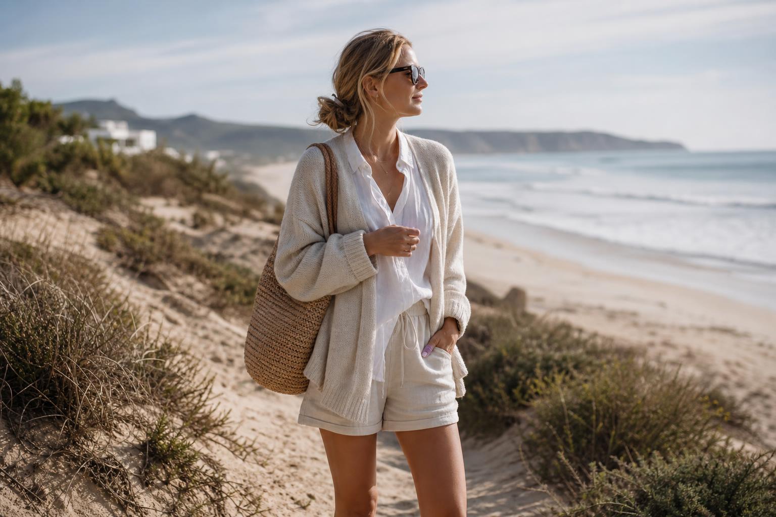 Cozy beach outfits with a lightweight knit, relaxed trousers, and sandals on a breezy coastal boardwalk at sunset
