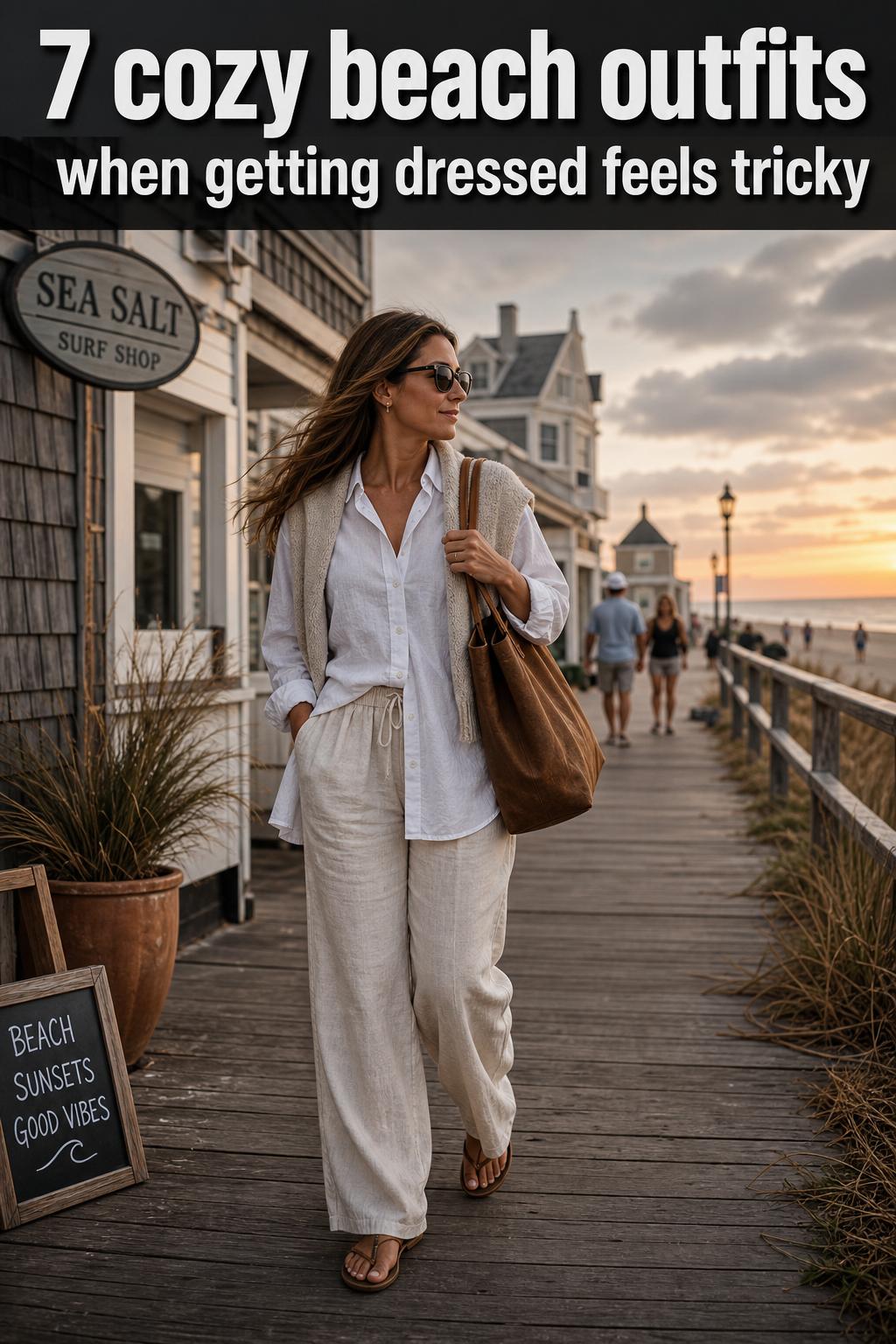Cozy beach outfits on a sandy shore with a breezy cardigan, linen shorts, and a straw hat at sunset