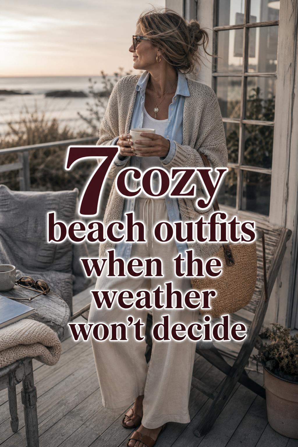 Cozy beach outfits layered coastal look on an adult woman at a breezy seaside patio with woven tote and cardigan