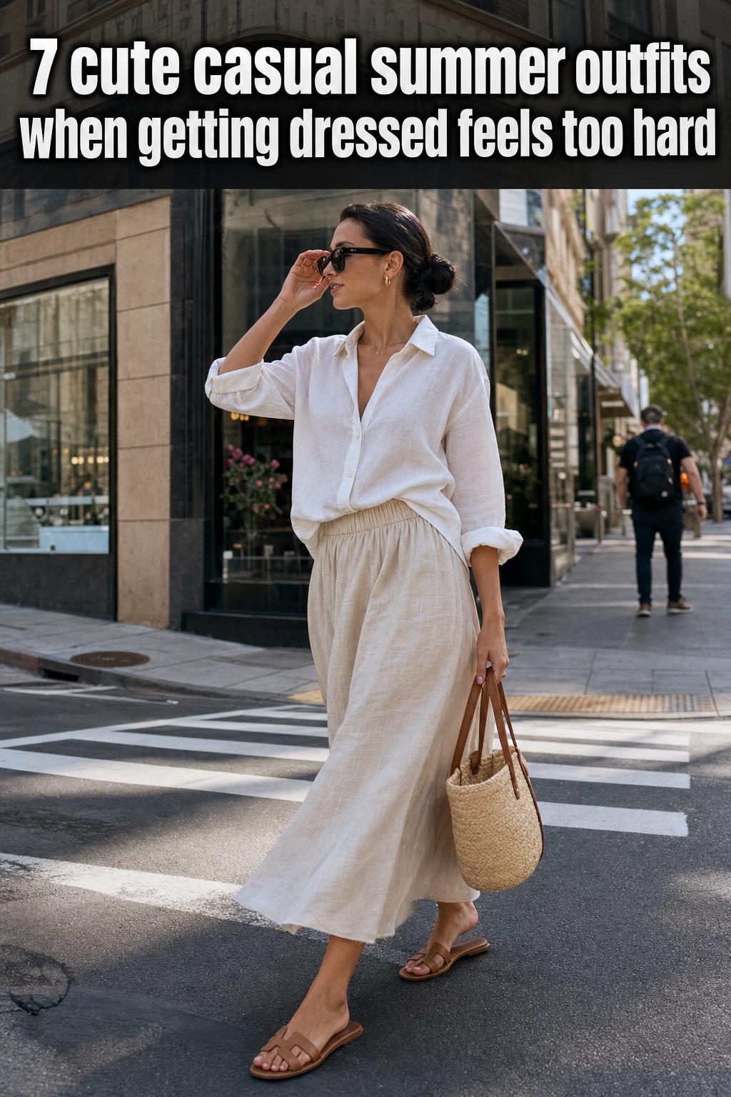 Cute casual summer outfits featuring a light dress and sandals in a bright outdoor street scene