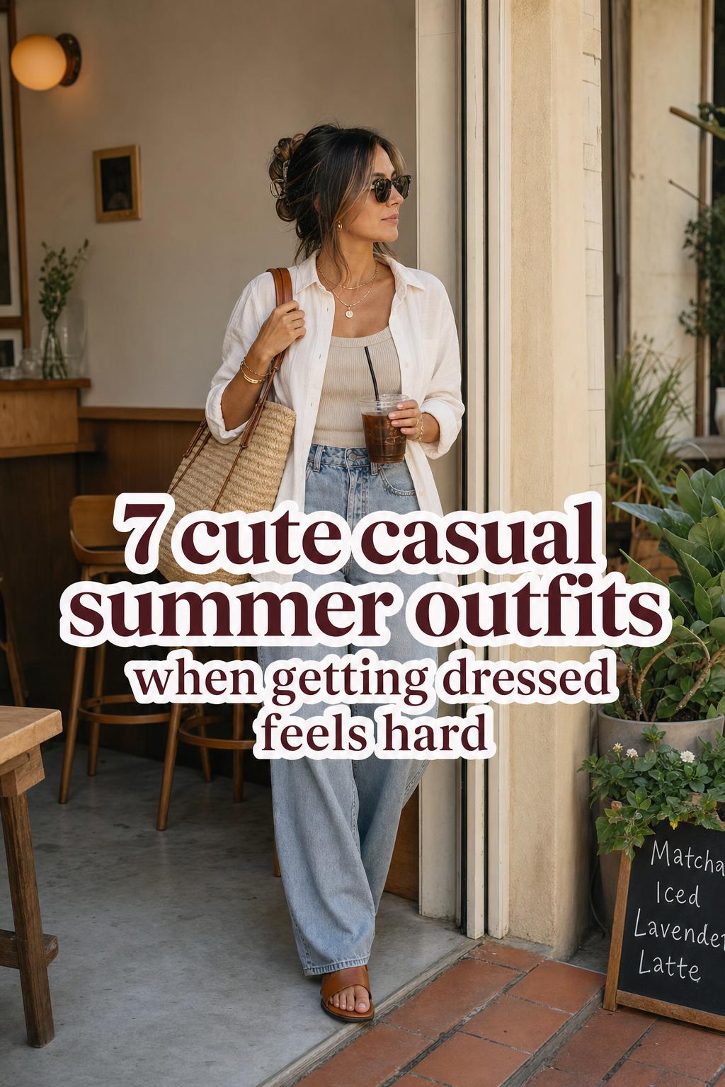 Woman in cute casual summer outfits styling linen shirt, denim, and sandals at a sunlit café with tote and iced coffee