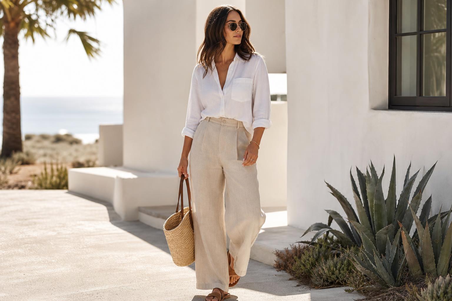 Cute casual summer outfits with a linen shirt, white tee, denim shorts, and sandals styled for a chic city stroll