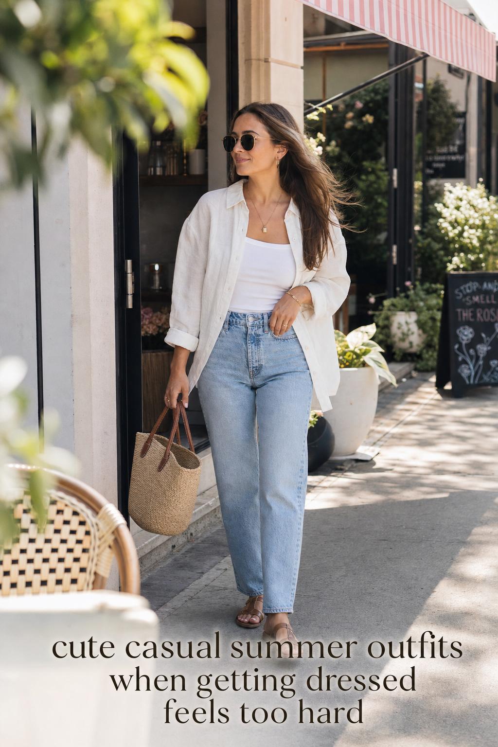 Adult woman walking on a sunny city sidewalk in cute casual summer outfits with linen shirt, tank, light-wash jeans, sandals, and woven tote