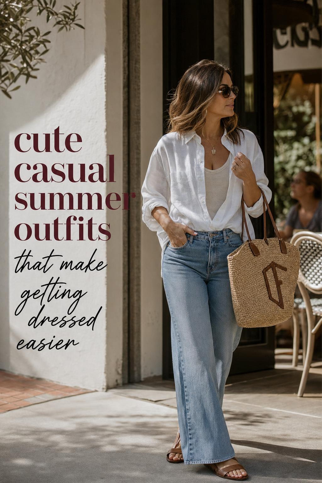 Cute casual summer outfits on an adult woman in linen shirt and jeans, walking a coastal city street with tote and sunglasses.