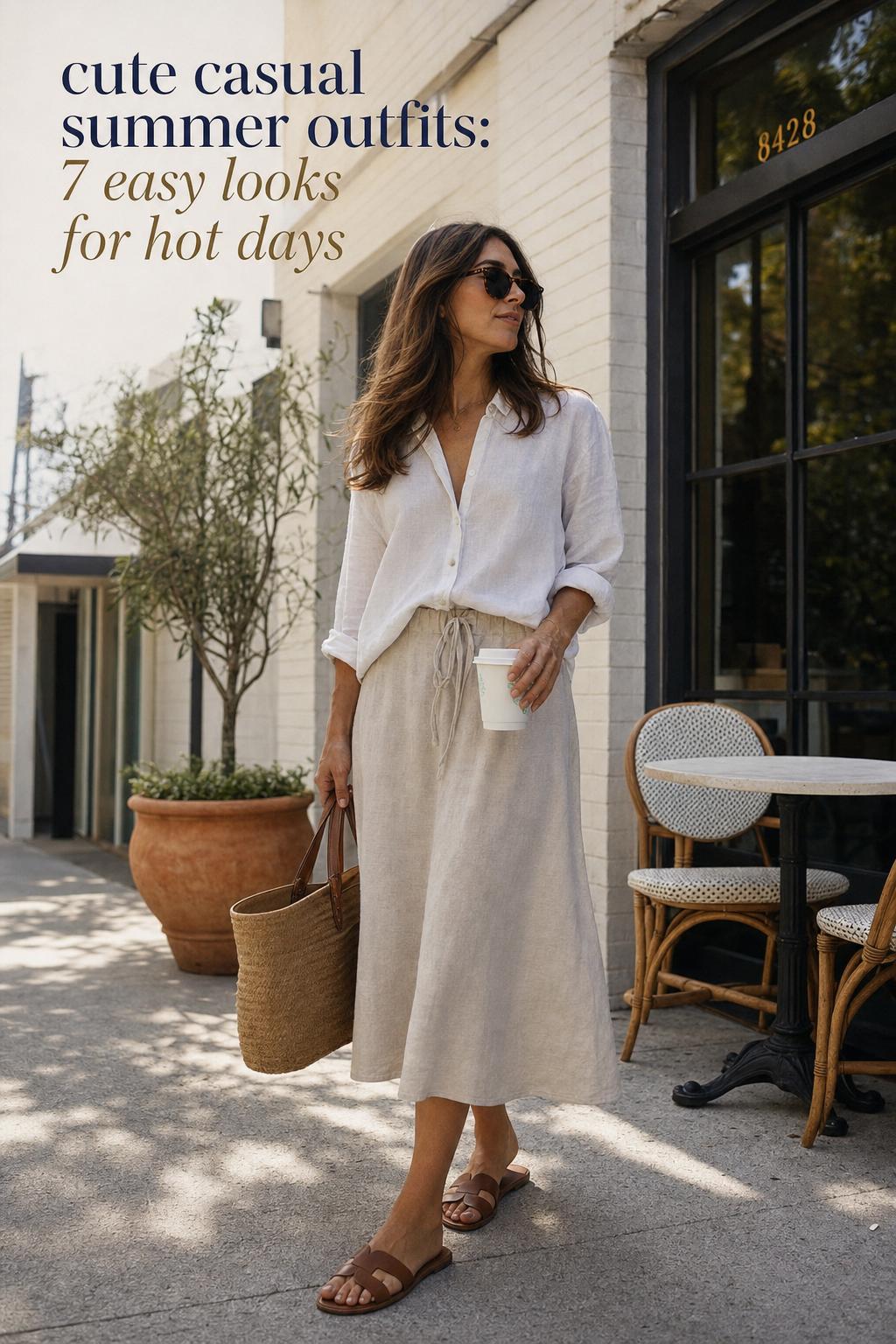 Cute casual summer outfits styled with a linen shirt, midi skirt, sandals, and tote in a sunlit coastal city café setting