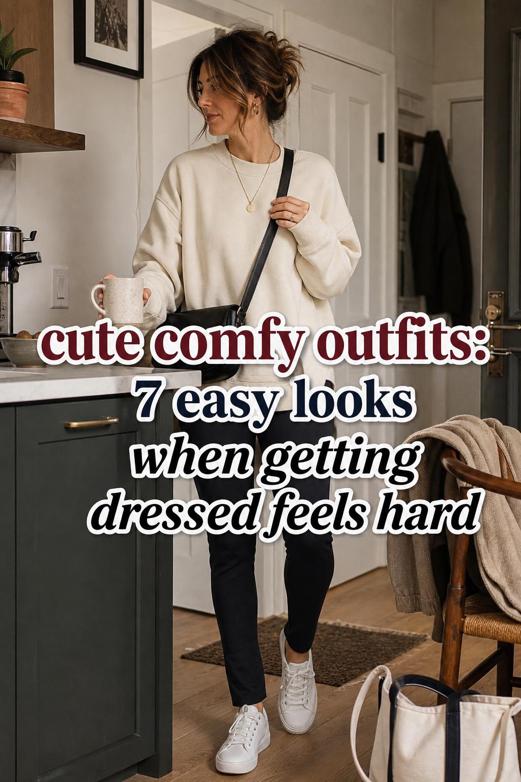 Cute comfy outfits in a warm apartment entryway: woman in cream sweatshirt, dark leggings and white sneakers with text overlay.
