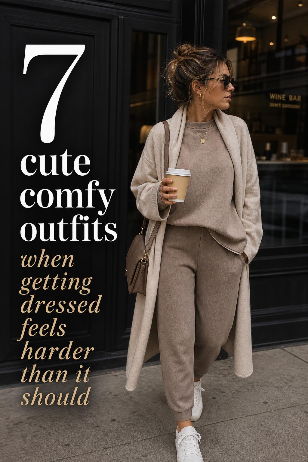 Cute comfy outfits editorial photo of an adult woman in tonal sweatshirt and relaxed pants on a city coffee run