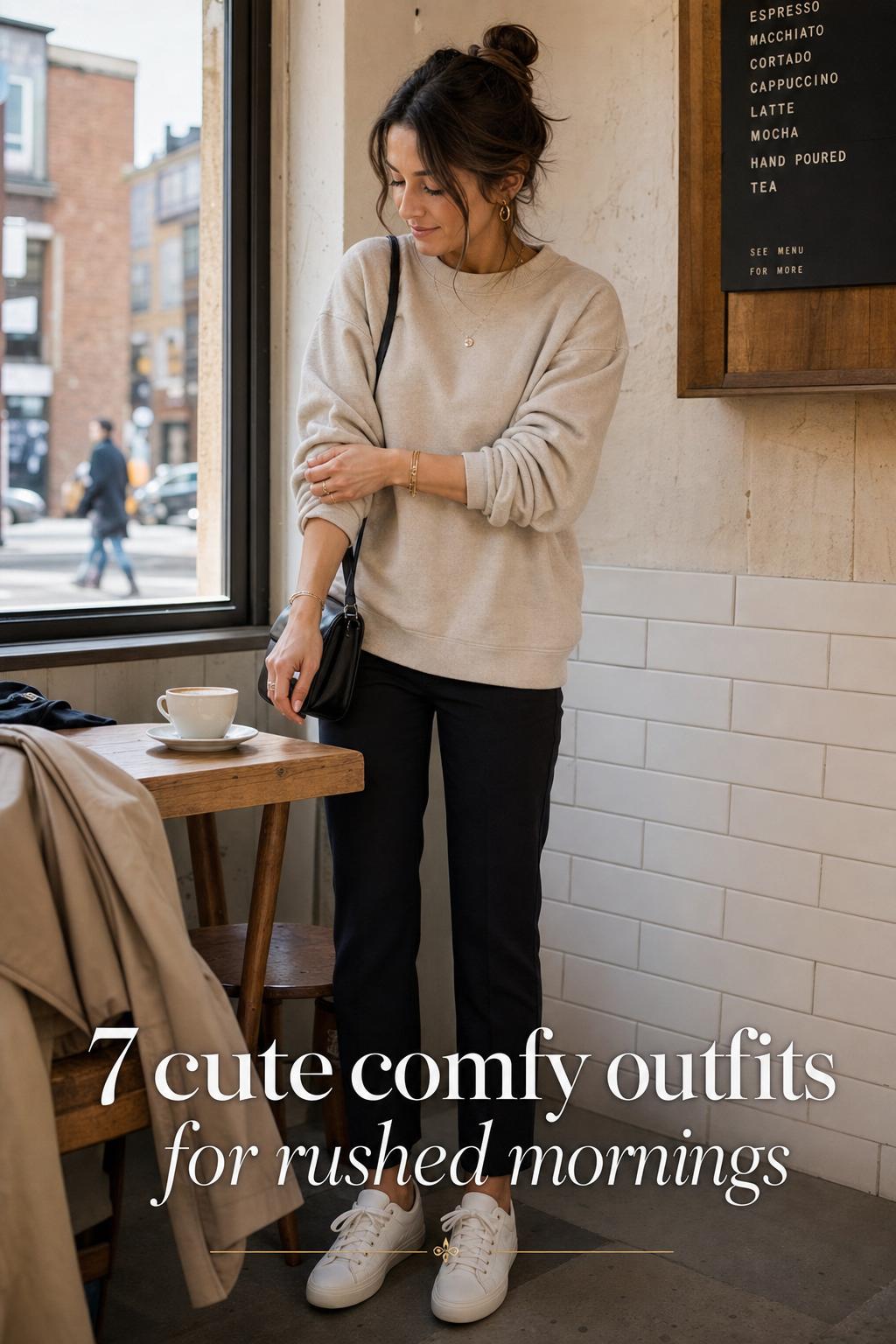 Woman in city coffee shop wearing cute comfy outfits, adjusting oatmeal sweatshirt by window with sneakers and tote