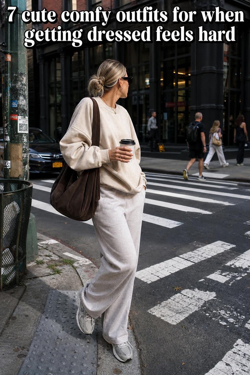 Cute comfy outfits laid out on a bed in soft natural light, featuring cozy loungewear essentials