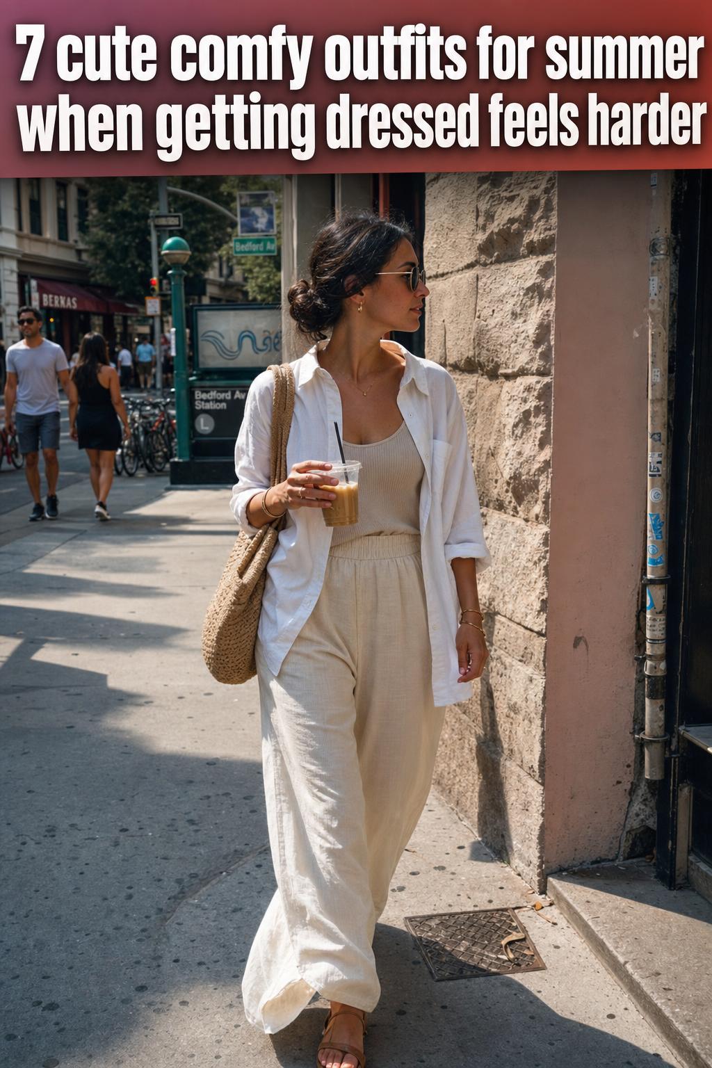 Cute comfy outfits for summer featuring a breezy linen set and sandals in soft natural light.