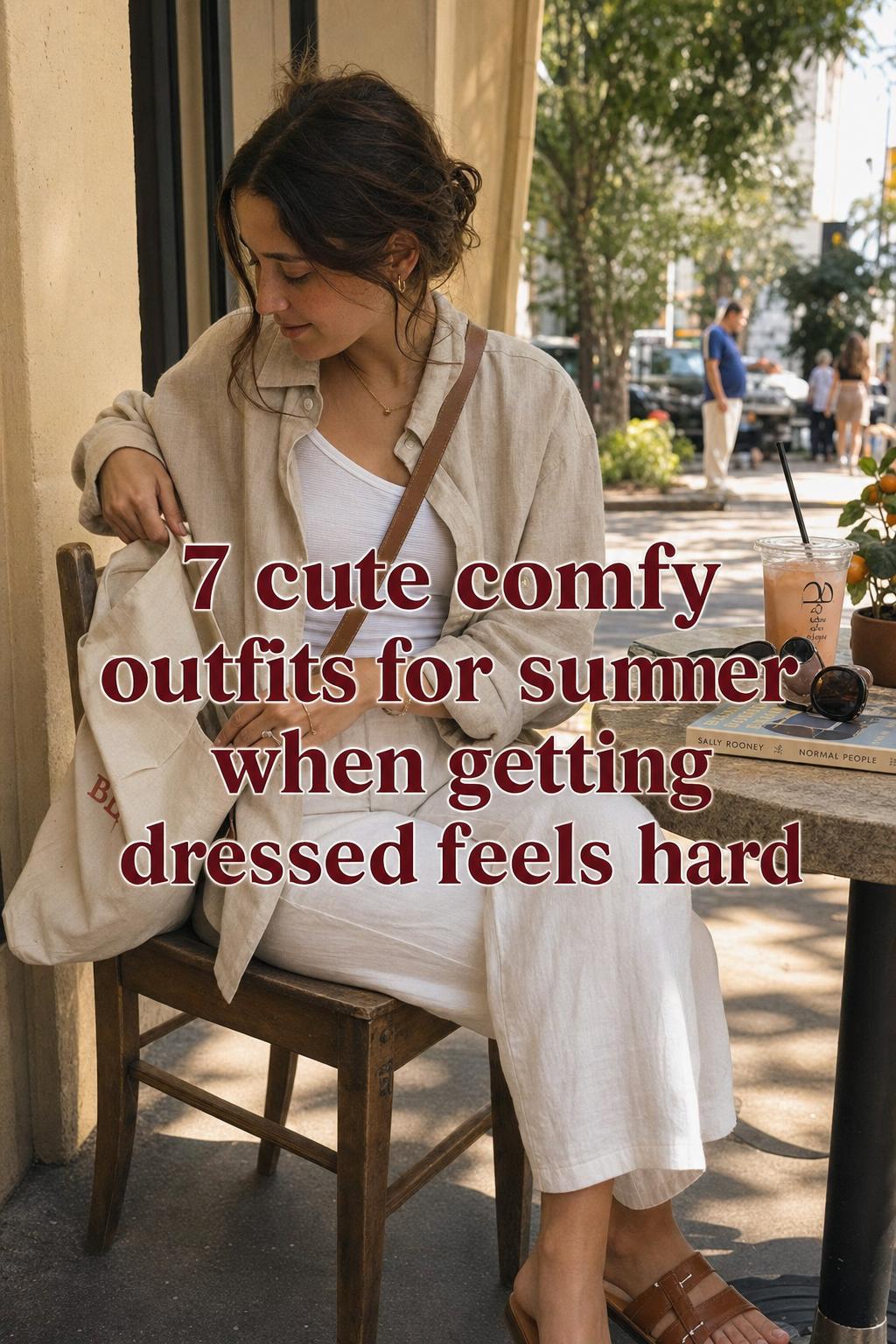 Cute comfy outfits for summer on a sunlit cafe patio, woman in ivory linen pants and oversized sand linen shirt