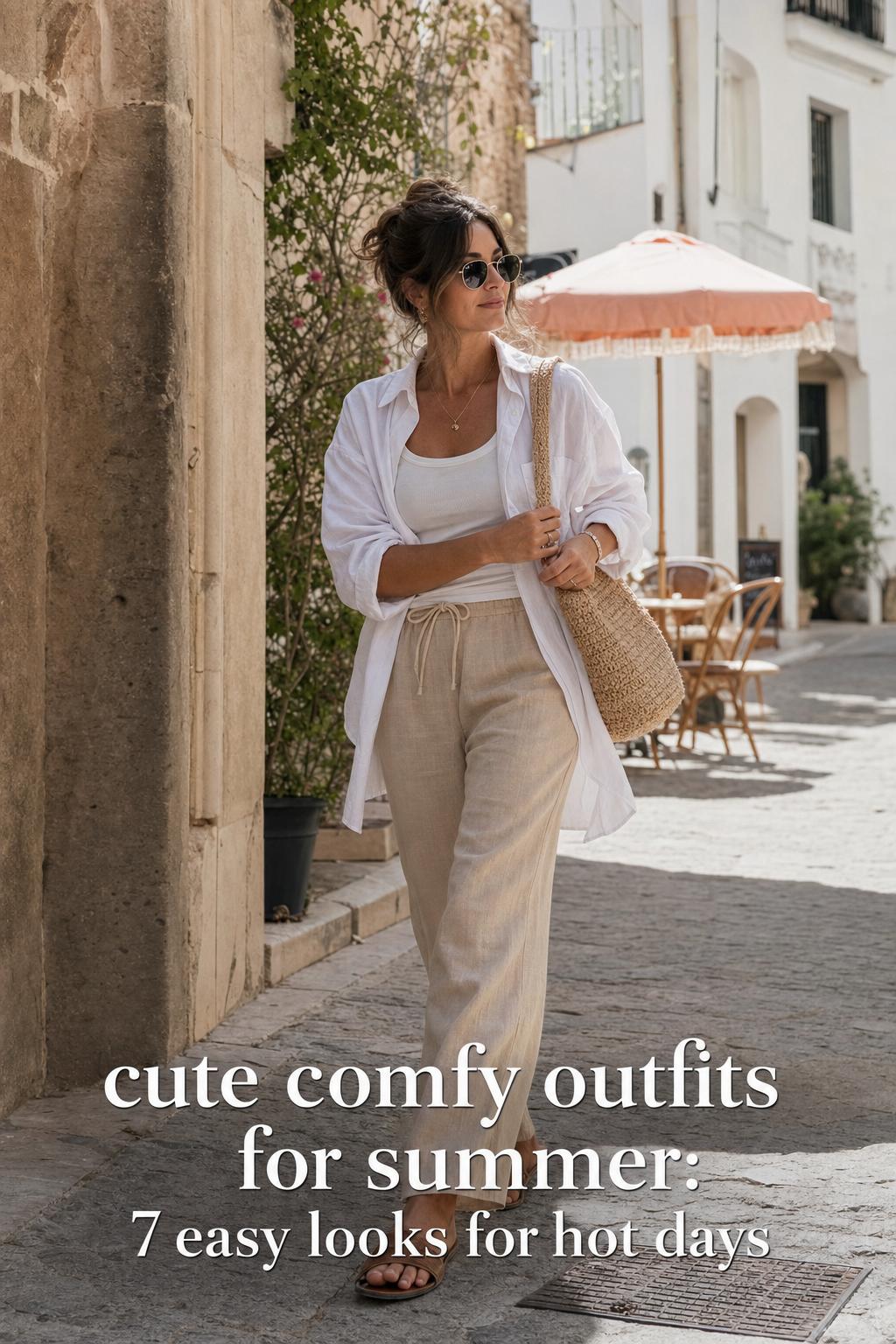 Cute comfy outfits for summer on a woman in linen pants and oversized shirt walking a sunlit coastal town street