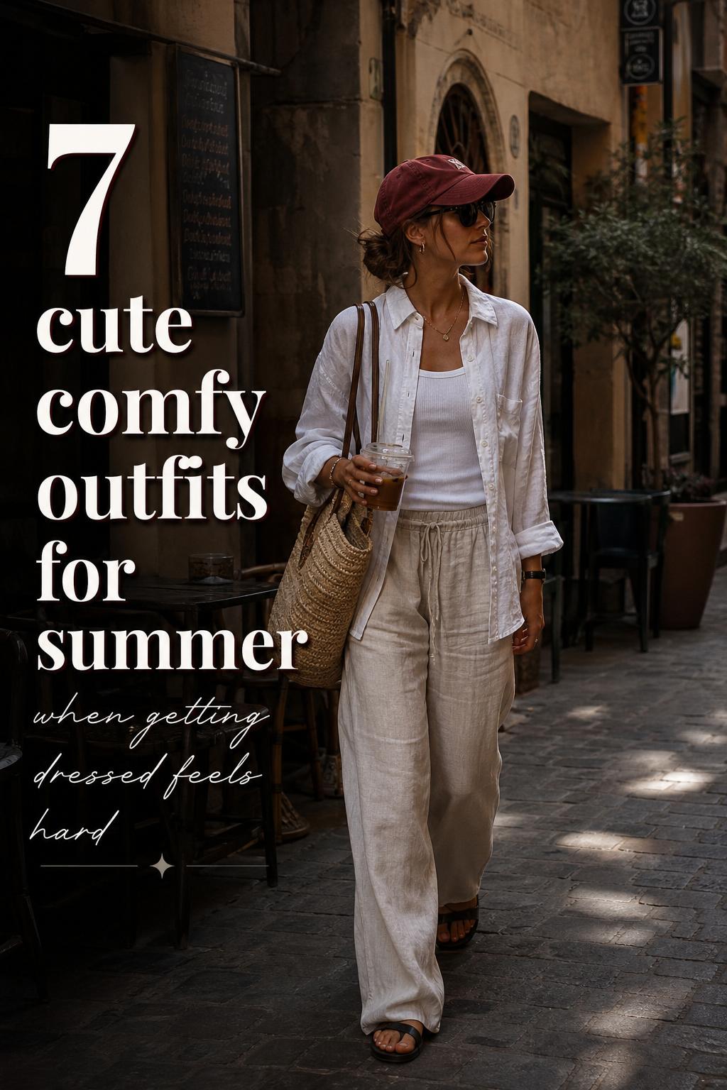 Adult woman in linen pants and oversized shirt on a moody city sidewalk, cute comfy outfits for summer inspiration