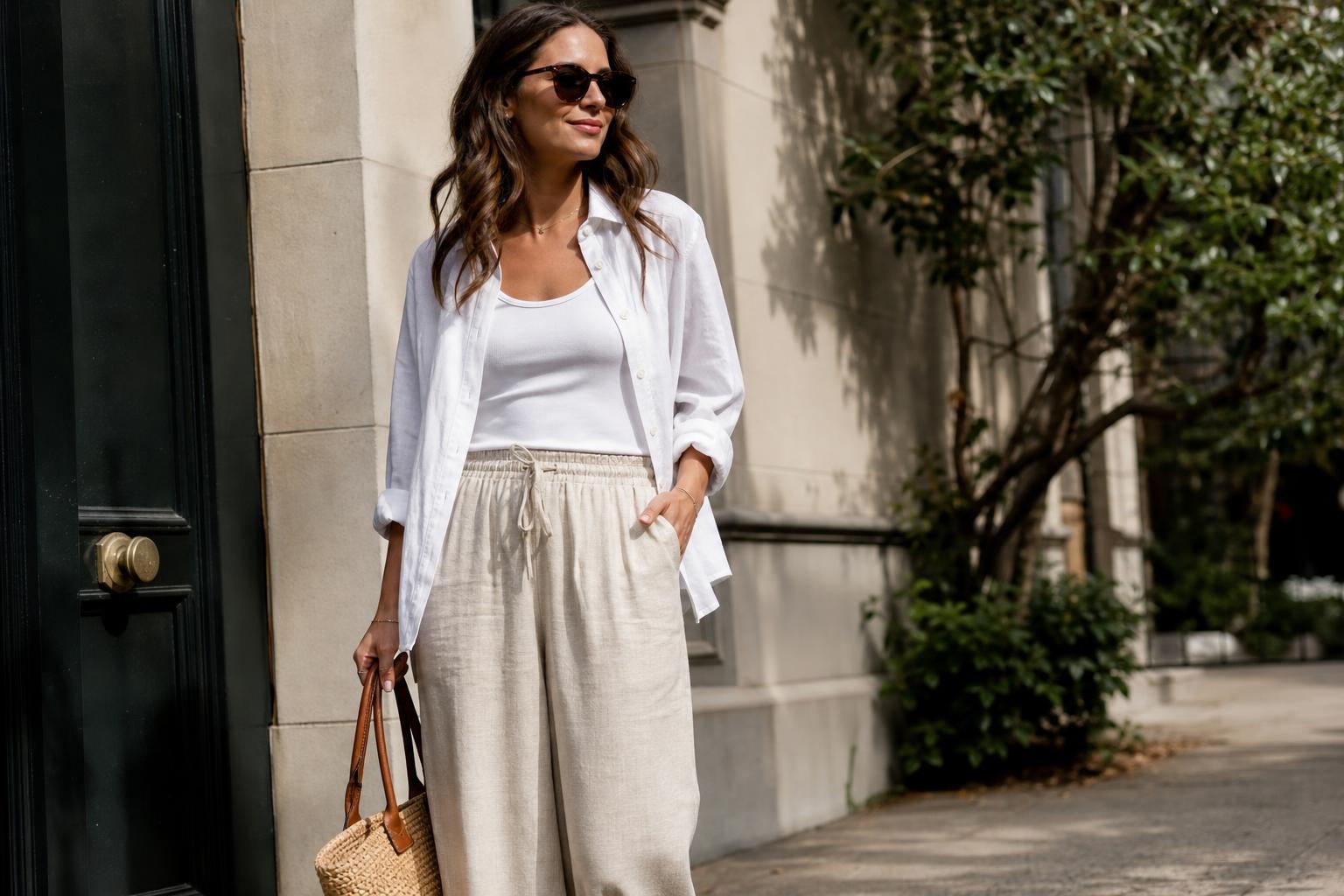 Cute comfy outfits for summer with linen pants, pastel tee, and flat sandals on a sunny street
