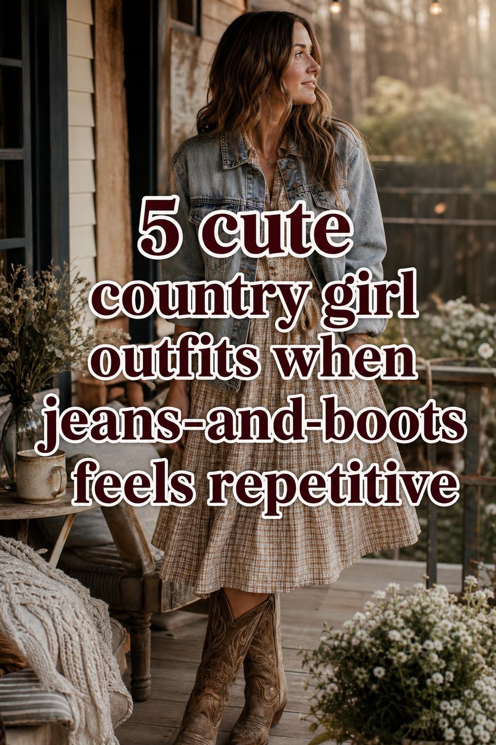 Cute country girl outfits with boot-cut jeans, cowgirl boots, and plaid shacket in warm rustic porch light with text overlay