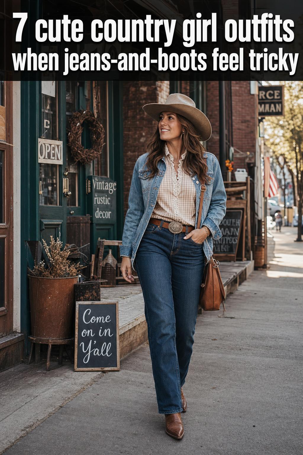 Cute country girl outfits featuring a denim jacket, floral dress, and cowboy boots in a rustic outdoor setting