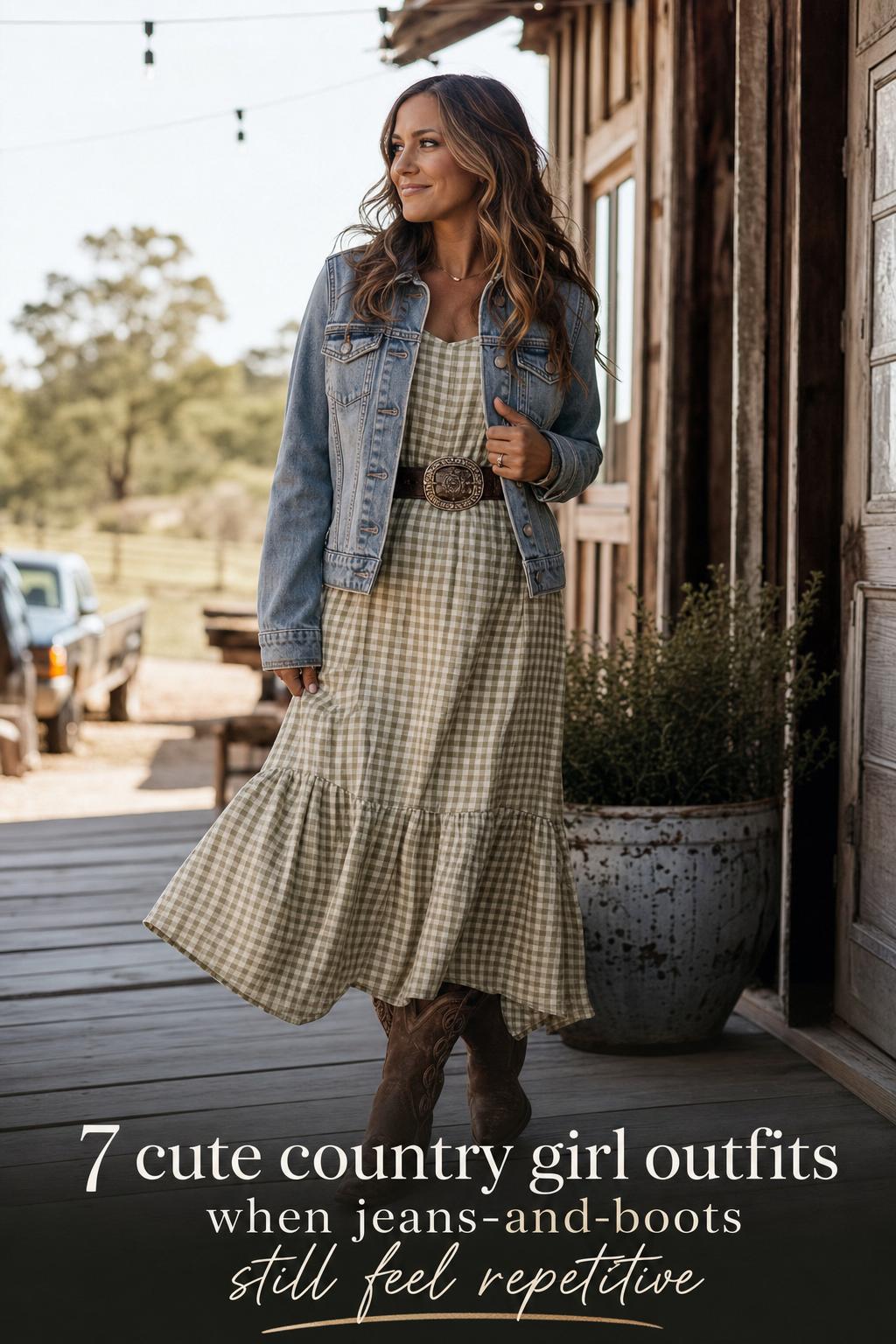 Cute country girl outfits idea: woman in denim jacket, gingham midi dress and cowgirl boots on a sunny ranch-town patio
