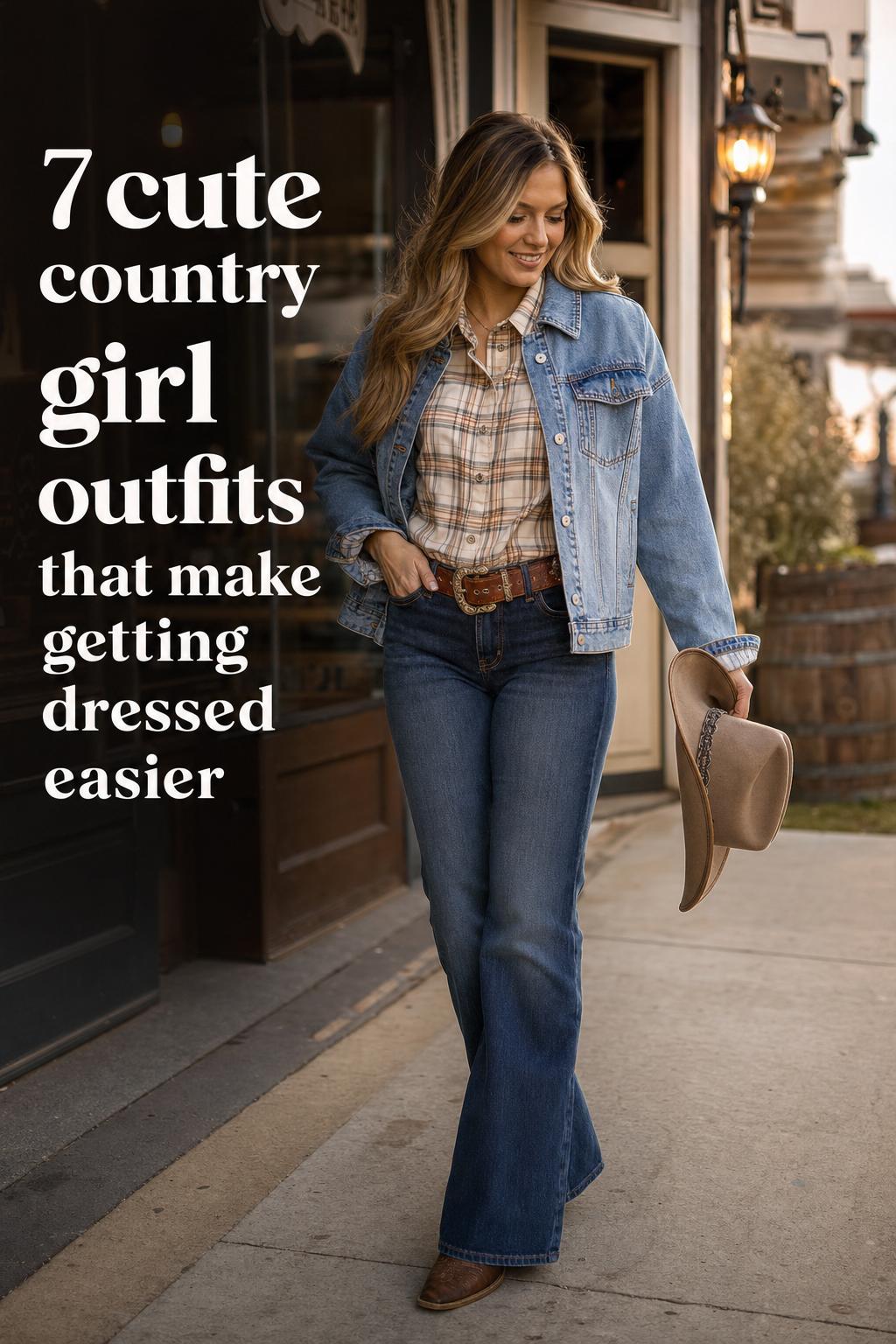 Cute country girl outfits in an editorial ranch-porch photo with denim, plaid blouse, cowgirl boots, and denim jacket at golden hour.