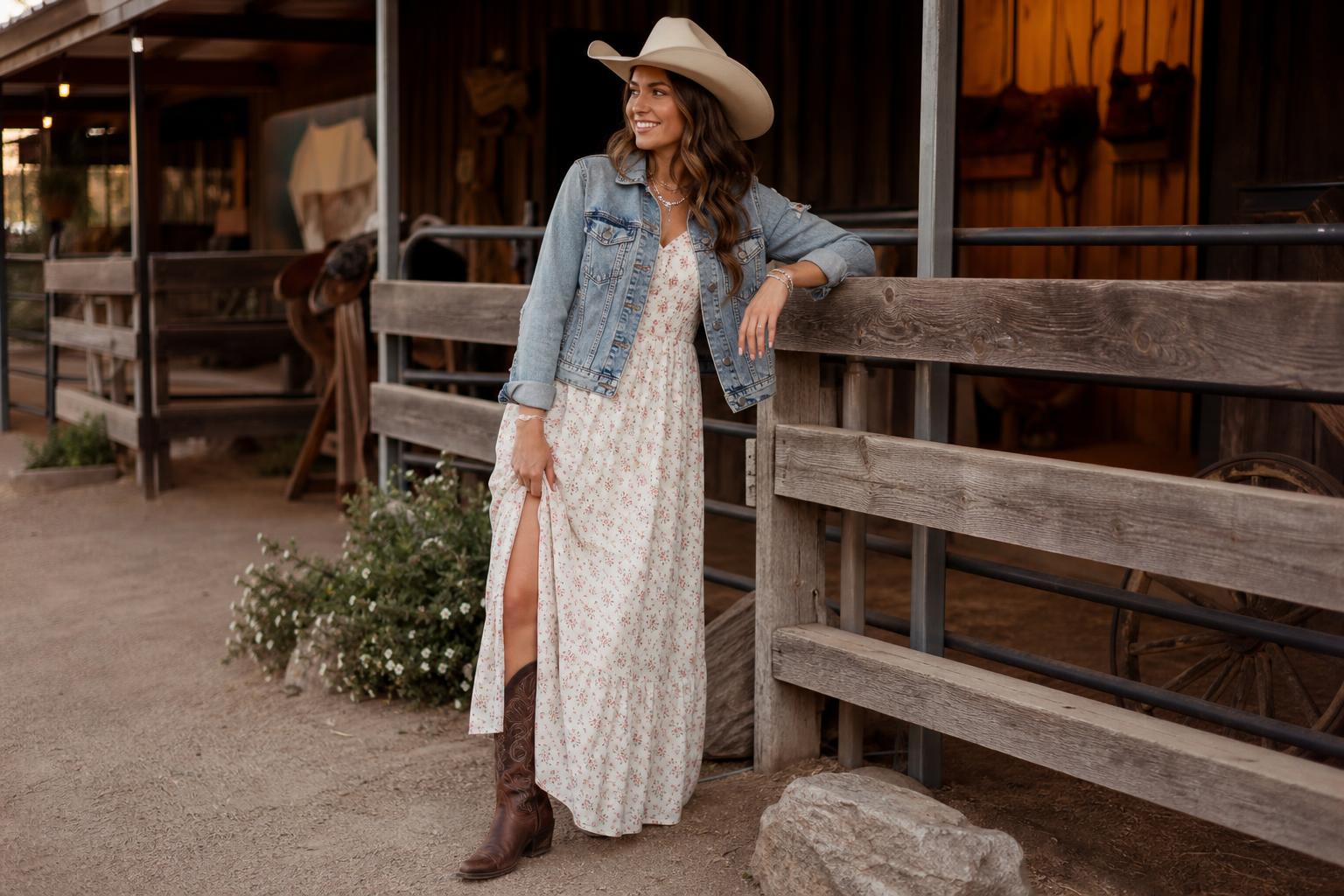 Cute country girl outfits with a flowy midi dress, denim jacket, and tan cowgirl boots in a sunlit outdoor setting