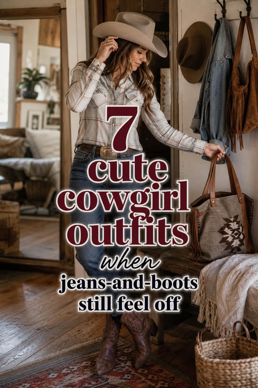 Cute cowgirl outfits idea with woman in denim, cowboy boots and felt hat in a cozy entryway, text overlay included