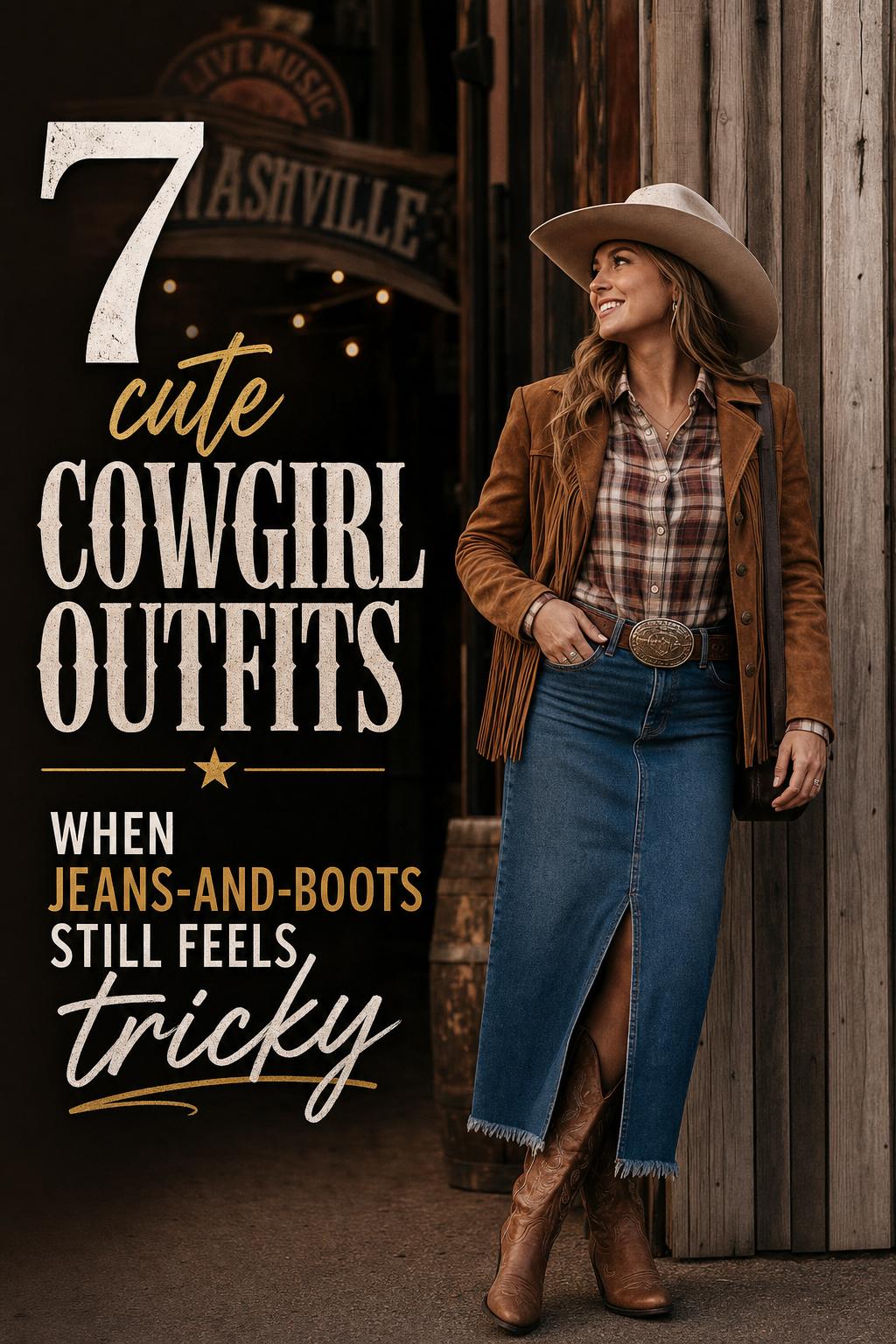 Cute cowgirl outfits editorial photo of an adult woman in plaid shirt, denim jeans, cowboy boots and hat on a Nashville street