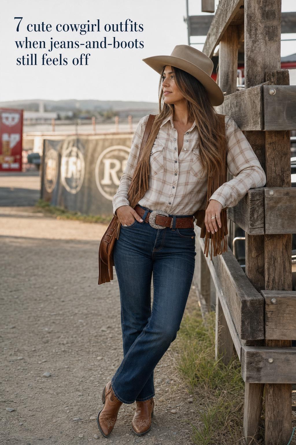 Cute cowgirl outfits editorial photo of a modern woman in denim, pearl-snap shirt, cowboy hat and boots on a Nashville street